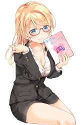Rule 34 | 1girl, absurdres, alternate costume, alternate hairstyle, ayase eli, bespectacled, black jacket, blonde hair, blue eyes, blush, book, breasts, buttons, cleavage, closed mouth, collarbone, collared shirt, cowboy shot, dot nose, formal, glasses, hair between eyes, hair down, hands in hair, hands up, heart, highres, holding, holding book, jacket, large breasts, long hair, long sleeves, looking away, looking to the side, love live!, love live! school idol project, mars symbol, mogu (au1127), red-framed eyewear, shirt, shirt under jacket, simple background, sitting, skirt, skirt suit, solo, suit, swept bangs, teacher, thighs, unbuttoned, unbuttoned shirt, venus symbol, wavy mouth, white background, white shirt, wide sleeves