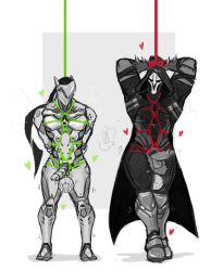 Rule 34 | 2boys, erection, full body, genji (overwatch), highres, male focus, mask, monochrome, multiple boys, overwatch, overwatch 1, penis, reaper (overwatch), restrained, rope, spot color, testicles, torn clothes, undressing, white background, yaoi