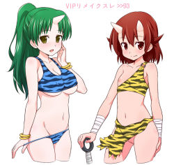Rule 34 | 2girls, animal print, bandages, bra, bracelet, breast slip, breasts, cleavage, covered erect nipples, fang, flat chest, green eyes, green hair, groin, horns, itoji, jewelry, lingerie, loincloth, long hair, medium breasts, multiple girls, navel, nipples, one breast out, oni, panties, panty pull, ponytail, print bra, print panties, pussy, red eyes, red hair, short hair, small breasts, tiger print, uncensored, underboob, underwear, underwear only