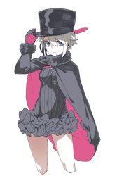 Rule 34 | 1girl, absurdres, black cape, black hat, blonde hair, blue eyes, cape, closed mouth, copyright request, covered navel, gloves, hair between eyes, hand on headwear, hand up, hat, highres, leotard, looking at viewer, pink cape, reiga (act000), simple background, solo, top hat, two-sided cape, two-sided fabric, white background