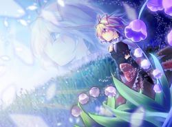 Rule 34 | 1girl, blonde hair, blue eyes, elbow gloves, female focus, field, flower, flower field, gloves, glowing, hair ribbon, lily of the valley, medicine melancholy, mito (calcomer), profile, ribbon, short hair, solo, sunlight, touhou, zoom layer