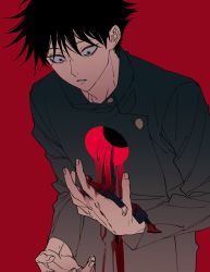Rule 34 | 2boys, black eyes, black hair, black jacket, bleeding, blood, blood on clothes, buttons, empty eyes, fushiguro megumi, hand up, highres, holding, hole in chest, hole on body, itadori yuuji, jacket, jujutsu kaisen, leaning forward, long sleeves, looking down, male focus, matching hair/eyes, mini person, miniboy, multiple boys, parted lips, red background, short hair, simple background, solo focus, spiked hair, standing, teeth, tenobe, upper body