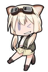 Rule 34 | 1girl, animal ears, blonde hair, blue eyes, carla j. luksic, cat ears, cat tail, chibi, full body, goggles, goggles on head, grin, long hair, low twintails, one eye closed, shimada fumikane, smile, solo, strike witches, tail, twintails, world witches series