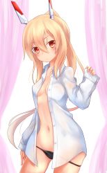 Rule 34 | 1girl, absurdres, ayanami (azur lane), azur lane, black panties, blonde hair, blush, breasts, closed mouth, collarbone, collared shirt, commentary request, dress shirt, gluteal fold, hair between eyes, hand up, head tilt, headgear, high ponytail, highres, kanimiso (juutilainen77), long hair, long sleeves, navel, no bra, no pants, open clothes, open shirt, panties, panty pull, pinching sleeves, ponytail, red eyes, shirt, sleeves past wrists, small breasts, solo, underwear, white shirt