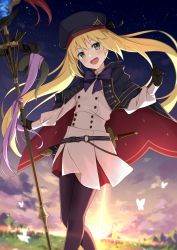 Rule 34 | 1girl, absurdres, artoria caster (fate), artoria caster (second ascension) (fate), artoria pendragon (fate), black bow, black gloves, blonde hair, blush, bow, cloud, cloudy sky, eyes visible through hair, fate/grand order, fate (series), forest, gloves, green eyes, hair between eyes, hair bow, hair ornament, highres, holding, light rays, long hair, long sleeves, looking at viewer, multiple tails, nature, open mouth, outdoors, pantyhose, purple bow, raincoat, school uniform, shirt, skirt, sky, smile, solo, sunlight, tail, taiyaki (astre), two tails, white shirt