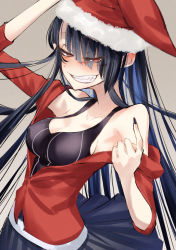 Rule 34 | 1girl, arm up, bare shoulders, beckoning, beige background, black nails, black one-piece swimsuit, blue hair, blue skirt, blush, breasts, channee (cluseller), cleavage, cluseller, collarbone, covered erect nipples, ear blush, eyes visible through hair, fang, female focus, fur-trimmed headwear, fur trim, grin, hair over one eye, half-closed eyes, hand up, happy, hat, highres, index finger raised, jacket, long hair, long sleeves, medium breasts, nail polish, nose blush, off shoulder, one-piece swimsuit, open clothes, open jacket, original, pleated skirt, red eyes, red hat, red jacket, santa hat, simple background, skirt, smile, solo, standing, swimsuit, swimsuit under clothes, teeth, very long hair
