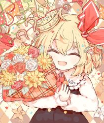 Rule 34 | 1girl, blonde hair, closed eyes, crown, flower, frills, hair ornament, highres, long sleeves, red ribbon, ribbon, ro.ro, rumia, solo, touhou