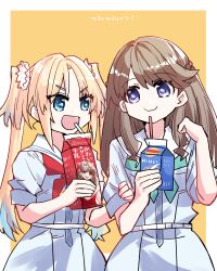 Rule 34 | 2girls, :d, aqua neckerchief, blonde hair, blue eyes, blue hair, border, box, brown hair, character print, commentary request, dress, drinking straw, eye contact, flower, fujishima megumi, gradient hair, hair flower, hair ornament, hands up, hasu no sora school uniform, highres, holding, holding another&#039;s arm, holding box, kanduki kamibukuro, light blue hair, link! like! love live!, long hair, looking at another, love live!, milk (love live!), milk carton, mira-cra park!, multicolored hair, multiple girls, neckerchief, open mouth, osawa rurino, outside border, parted bangs, pink flower, pleated dress, pun, purple eyes, red neckerchief, sailor collar, sailor dress, school uniform, short sleeves, smile, summer uniform, translation request, twintails, two side up, v-shaped eyebrows, virtual youtuber, white border, white dress, white flower, white sailor collar, yellow background