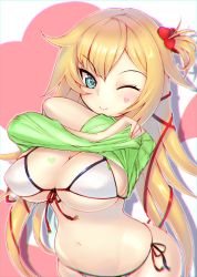 Rule 34 | 1girl, akai haato, bikini, blue eyes, breasts, cleavage, commentary request, facial tattoo, hair ornament, hayami yuujirou, heart, highres, hololive, large breasts, long hair, looking at viewer, navel, one eye closed, shirt, smile, solo, string bikini, swimsuit, tattoo, undressing, virtual youtuber