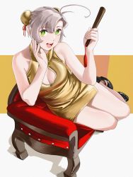 Rule 34 | 1girl, absurdres, alternate costume, antenna hair, black footwear, breasts, bun cover, china dress, chinese clothes, cleavage, cleavage cutout, clothing cutout, couch, double bun, dress, folded fan, folding fan, gold dress, green eyes, grey hair, hair bun, hand fan, highres, kantai collection, kinugasa (kancolle), looking at viewer, lying, medium breasts, ojipon, on side, short dress, short hair, solo