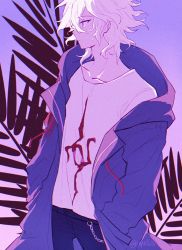 Rule 34 | 1boy, closed mouth, coat, commentary, danganronpa (series), danganronpa 2: goodbye despair, english commentary, fern, hair between eyes, hands in pockets, komaeda nagito, male focus, mao (expuella), off shoulder, pants, profile, purple background, shirt, simple background, solo, t-shirt, twitter username, white hair, white shirt