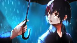 Rule 34 | 10s, 1boy, androgynous, black hair, black shirt, commentary request, hair between eyes, hair ornament, hairclip, holding, holding umbrella, looking at another, male focus, out of frame, rain, red eyes, roman numeral, shirt, short hair, solo focus, stitched face, stitches, suzuya juuzou, tears, tokyo ghoul, tokyo ghoul:re, umbrella, water drop, wet, wet clothes, wet face, wet hair, x hair ornament, yoshio (55level)