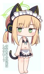 Rule 34 | 1girl, absurdres, animal ear headphones, animal ears, apron, bare arms, bare shoulders, barefoot, bikini, bikini top only, black bikini, black skirt, blonde hair, blue archive, blue bow, blush, bow, chibi, closed mouth, collarbone, fake animal ears, full body, green eyes, hair bow, halo, hana kazari, headphones, highres, looking at viewer, midori (blue archive), midori (maid) (blue archive), navel, simple background, skirt, solo, standing, swimsuit, translation request, twintails, waist apron, white apron, white background