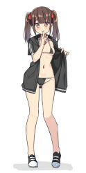 Rule 34 | 1girl, bikini, bikini under clothes, black bikini, black footwear, black jacket, blush, bow, breasts, brown eyes, brown hair, cameltoe, cleft of venus, closed mouth, collarbone, finger to mouth, full body, groin, hair bow, hands up, hatsunatsu, hood, hood down, hooded jacket, jacket, long hair, looking at viewer, navel, open clothes, open jacket, original, red bow, shadow, shoes, short sleeves, shushing, simple background, small breasts, smile, solo, standing, swimsuit, twintails, white background