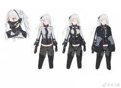 Rule 34 | 1girl, ak-12 (girls&#039; frontline), black capelet, black gloves, black ribbon, braid, breasts, buckle, capelet, character sheet, closed eyes, closed mouth, duoyuanjun, expressionless, facing viewer, feet out of frame, french braid, girls&#039; frontline, gloves, grey pants, hair ribbon, highres, large breasts, long hair, long sleeves, looking to the side, mask, midriff, midriff peek, mouth mask, multiple views, official art, pants, partially fingerless gloves, ponytail, purple eyes, ribbon, shirt, sidelocks, simple background, snap-fit buckle, tactical clothes, third-party source, unusually open eyes, weibo logo, weibo watermark, white background, white hair, white shirt