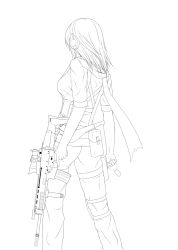 Rule 34 | 1girl, assault rifle, breasts, dog tags, fn scar, from behind, greyscale, gun, medium breasts, midnight (banyex), monochrome, rifle, short hair, solo, weapon