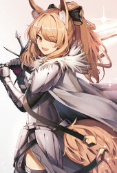 Rule 34 | 1girl, ;d, animal ear fluff, animal ears, arknights, armor, black bow, black ribbon, blemishine (arknights), blonde hair, blush, bow, cape, cowboy shot, dress, extra ears, fur trim, gradient background, hair ribbon, highres, holding, holding sword, holding weapon, large tail, looking at viewer, one eye closed, open mouth, orange eyes, pauldrons, penguin4, plate armor, ponytail, ribbon, shoulder armor, smile, solo, standing, sword, tail, vambraces, weapon, white background, white cape, white dress