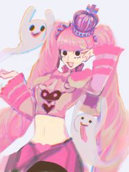 Rule 34 | 1girl, 8h kt, absurdres, black eyes, braid, crown, devil fruit, ghost, highres, horo horo no mi, lipstick, long hair, looking at viewer, makeup, navel, one piece, perona, pink hair, red lips, solo, tagme, tongue, tongue out, twin braids, twintails, very long hair