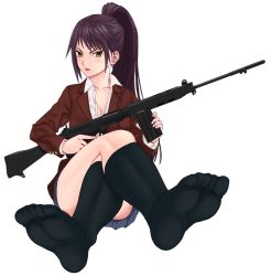 Rule 34 | 1girl, alternate costume, alternate hairstyle, battle rifle, black socks, bullet, buttons, cover image, fal (upotte!!), feet, fn fal, gun, jacket, kneehighs, l1a1, looking to the side, magazine (weapon), magazine ejection, official art, purple hair, red jacket, rifle, school uniform, socks, soles, solo, tennouji kitsune, thighhighs, toes, undershirt, upotte!!, weapon, yellow eyes