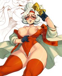 Rule 34 | 1girl, absurdres, alternate costume, blush, breasts, cleft of venus, colored pubic hair, eyeshadow, female pubic hair, glasses, hair bun, hair ornament, hair stick, highres, insouwu, large breasts, leotard, looking at viewer, makeup, nintendo, nipples, official alternate hairstyle, open mouth, partially visible vulva, pubic hair, pubic hair peek, purah, red-framed eyewear, red eyes, red eyeshadow, round eyewear, sheikah, solo, the legend of zelda, the legend of zelda: tears of the kingdom, thick thighs, thighhighs, thighs, white hair