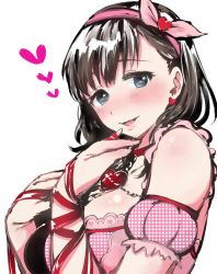 Rule 34 | 10s, 1girl, :d, arm ribbon, blue eyes, blush, breasts, brown hair, detached sleeves, earrings, hairband, heart, heart earrings, idolmaster, idolmaster cinderella girls, jewelry, long hair, looking at viewer, open mouth, polka dot, polka dot shirt, puffy detached sleeves, puffy sleeves, red ribbon, ribbon, sakuma mayu, shirt, simple background, smile, solo, uekan, white background