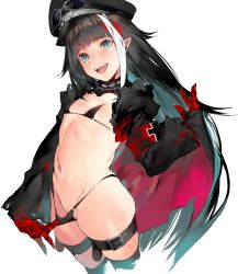 Rule 34 | 1girl, :d, armband, azur lane, belt, belt buckle, bikini, bikini pull, black belt, black bikini, black hat, black thighhighs, blue eyes, blue pupils, blunt bangs, blush, breasts, buckle, clothes pull, cowboy shot, cross, cyborg, deutschland (azur lane), eyebrows, facing away, goggles, goggles on headwear, grey hair, groin, hair flaps, hat, head tilt, highres, iron cross, joints, lace, lace-trimmed sleeves, lace trim, long hair, long sleeves, looking at viewer, mechanical arms, micro bikini, multicolored hair, navel, open mouth, over-kneehighs, pointy ears, puffy long sleeves, puffy sleeves, pulling own clothes, red hair, robot joints, sharp teeth, simple background, skindentation, small breasts, smile, solo, standing, stomach, streaked hair, swimsuit, teeth, thigh strap, thighhighs, tongue, tsurime, unkq, very long hair, white background, white hair