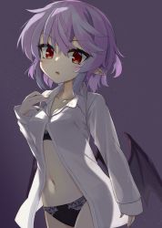 Rule 34 | 1girl, akisome hatsuka, bat wings, black background, black bra, black panties, blouse, bra, cowboy shot, looking at viewer, navel, open clothes, open mouth, open shirt, panties, pointy ears, purple hair, red eyes, remilia scarlet, shirt, short hair, simple background, solo, standing, touhou, underwear, white shirt, wings
