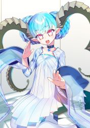 Rule 34 | + +, 1girl, aqua hair, braid, breasts, choker, crown braid, curled horns, dress, fate/grand order, fate/grand order arcade, fate (series), highres, horns, jewelry, larva tiamat (fate), larva tiamat (first ascension) (fate), long hair, long horns, long sleeves, looking at viewer, negi (ulog&#039;be), open mouth, pendant, pink eyes, pointy ears, ribbed dress, small breasts, smile, solo, symbol-shaped pupils, tail, thighhighs, thighs, tiamat (fate), white dress, white thighhighs