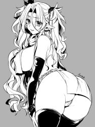 Rule 34 | 1girl, ass, breasts, commentary request, elbow gloves, gloves, greyscale, large breasts, loincloth, long hair, looking at viewer, monochrome, original, pointy ears, solo, takatsuki ichi, thighhighs, two side up