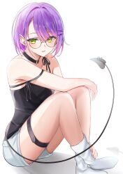 Rule 34 | 1girl, absurdres, alternate costume, alternate hair length, alternate hairstyle, bespectacled, black camisole, black choker, blush, breasts, c1p122, camisole, casual, choker, commentary, cross, cross earrings, crossed legs, demon tail, ear piercing, earrings, full body, glasses, green eyes, hair intakes, hair ornament, hairclip, highres, hololive, jewelry, looking at viewer, medium breasts, multicolored hair, o-ring, o-ring choker, parted lips, piercing, pink hair, purple hair, round eyewear, short hair, short shorts, shorts, simple background, sitting, sleeveless, socks, solo, strap slip, swept bangs, tail, tail ornament, tail piercing, thigh strap, tokoyami towa, two-tone hair, virtual youtuber, white background, white shorts, white socks, x hair ornament