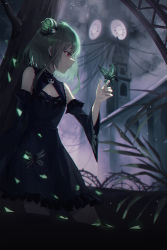 Rule 34 | 1girl, absurdres, black dress, black sleeves, breasts, bug, butterfly, butterfly on hand, cleavage, cleavage cutout, clock, clock tower, closed mouth, clothing cutout, detached sleeves, dress, from side, green hair, hair bun, hair ornament, highres, hololive, huhi (huhi 1211), insect, long sleeves, night, outdoors, profile, red eyes, short dress, short hair with long locks, sidelocks, sleeveless, sleeveless dress, small breasts, smile, solo, standing, tower, uruha rushia, uruha rushia (1st costume), virtual youtuber, wide sleeves