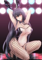 Rule 34 | 1girl, :d, alternate costume, animal ears, armpits, arms behind head, arms up, azur lane, bare shoulders, black hair, black leotard, blush, breasts, checkered floor, cleavage, commentary request, covered navel, detached collar, fake animal ears, fishnet pantyhose, fishnets, full body, head tilt, heart maebari, heart pasties, high heels, highres, large breasts, legs, leotard, long hair, looking at viewer, maebari, meme attire, momijizuki luna, navel, on one knee, open mouth, pantyhose, parted lips, pasties, playboy bunny, pole, pole dancing, rabbit ears, red eyes, revealing clothes, see-through, see-through leotard, side-tie leotard, smile, solo, stage lights, stripper pole, taihou (azur lane), teeth, thighs, tiptoes, translucent bunnysuit, upper teeth only, very long hair