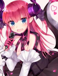 Rule 34 | 10s, 1girl, blue eyes, commentary request, detached sleeves, dragon girl, dragon horns, dragon tail, elizabeth bathory (fate), elizabeth bathory (fate/extra ccc), elizabeth bathory (first ascension) (fate), fate/extra, fate/extra ccc, fate (series), flat chest, highres, holding, horns, long hair, looking at viewer, maria (maria0304), microphone, music, open mouth, pointy ears, red hair, singing, solo, tail