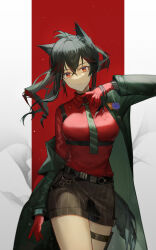 Rule 34 | 1girl, absurdres, animal ears, arknights, black coat, black hair, black necktie, black shorts, breasts, chest harness, closed mouth, coat, collared shirt, cowboy shot, crossed bangs, expressionless, fox ears, fox girl, fox tail, gloves, hair between eyes, harness, highres, large breasts, long hair, long sleeves, looking at viewer, multicolored hair, necktie, off shoulder, open clothes, open coat, orange eyes, pillarboxed, pinstripe shorts, red background, red gloves, red hair, red shirt, shirt, shirt tucked in, shorts, sidelocks, solo, streaked hair, tail, texas (arknights), texas (willpower) (arknights), thigh strap, walking, watch, wristwatch, yuuki mix