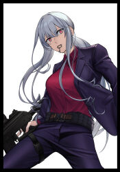 Rule 34 | ak-12, ak-12 (girls&#039; frontline), ak-12 (lucia) (girls&#039; frontline), assault rifle, black border, border, breasts, chinese commentary, commentary request, cowboy shot, from below, girls&#039; frontline, grenade pin, grenade pin in mouth, grey hair, gun, hair between eyes, highres, holding, holding weapon, jacket, kalashnikov rifle, la13, large breasts, long hair, open clothes, open jacket, pants, ponytail, purple eyes, purple jacket, purple pants, red shirt, rifle, shirt, shirt tucked in, simple background, weapon, white background