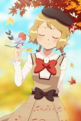 Rule 34 | 1girl, absurdres, arm at side, autumn leaves, bird, bird on hand, black bow, black hat, blue sky, bow, braid, brown skirt, closed eyes, creatures (company), day, fletchling, game freak, gazing eye, gen 6 pokemon, hand up, hat, highres, leaf, musical note, nintendo, outdoors, pokemon, pokemon (anime), pokemon (creature), pokemon xy (anime), red bow, serena (pokemon), short hair, skirt, sky, smile, standing