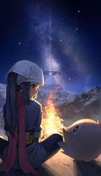 Rule 34 | 1girl, akari (pokemon), belt pouch, blue hair, blue pants, blue shirt, campfire, closed mouth, creatures (company), fire, game freak, gen 7 pokemon, head scarf, highres, indian style, light smile, long hair, looking at another, looking down, looking to the side, mansu (user pnmp4287), mountain, night, night sky, nintendo, pants, pokemon, pokemon (creature), pokemon legends: arceus, ponytail, pouch, red scarf, rowlet, scarf, scenery, shirt, sidelocks, sitting, sky, star (sky), starry sky, white headwear