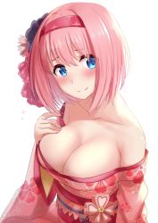 Rule 34 | 1girl, bare shoulders, blue eyes, blush, breasts, cleavage, closed mouth, collarbone, floral print, hairband, highres, japanese clothes, kibihimi, kimono, large breasts, long sleeves, looking at viewer, obi, pink hair, princess connect!, red hairband, sash, short hair, simple background, smile, solo, split mouth, white background, wide sleeves, yui (new year) (princess connect!), yui (princess connect!)