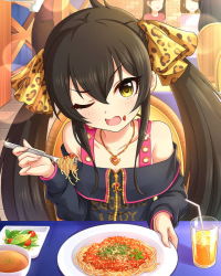 Rule 34 | 10s, 1girl, artist request, black hair, faceless, faceless female, food, fork, hair ribbon, heart, heart necklace, idolmaster, idolmaster cinderella girls, jewelry, jpeg artifacts, lens flare, long hair, matoba risa, necklace, official art, one eye closed, pasta, pendant, ribbon, solo focus, spaghetti, twintails, yellow eyes