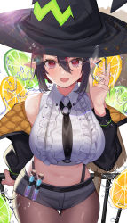 Rule 34 | 1girl, :d, absurdres, amahara subaru, black hair, black hat, black jacket, black necktie, black shorts, blush, breasts, brown pantyhose, collared shirt, commentary, cowboy shot, crop top, fang, food, fruit, hair between eyes, hat, highres, holding, ice, ice cube, indie virtual youtuber, isonade orca, jacket, large breasts, lemon, lemon slice, looking at viewer, midriff, multicolored hair, navel, necktie, off shoulder, open clothes, open jacket, open mouth, pantyhose, pantyhose under shorts, railing, red eyes, red hair, shirt, short hair, short shorts, shorts, skin fang, sleeveless, sleeveless shirt, smile, solo, standing, streaked hair, test tube, thigh gap, virtual youtuber, white shirt, witch hat