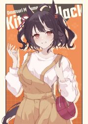 1girl ahoge alternate_costume animal_ears bag black_hair brown_overalls character_name handbag highres horse_ears horse_girl horse_tail kitasan_black_(umamusume) looking_at_viewer multicolored_hair overall_skirt overalls red_bag red_eyes ri_cochet shirt smile solo streaked_hair tail umamusume upper_body white_hair white_shirt