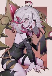 Rule 34 | 1girl, ahoge, black nails, breasts, briar (league of legends), colored sclera, colored skin, eucalyptus (zrnf5228), fingernails, grey hair, hair between eyes, highres, league of legends, long hair, looking ahead, medium breasts, multicolored hair, open mouth, pink hair, pointy ears, red sclera, sharp fingernails, sharp teeth, sideboob, sidelocks, simple background, sitting, solo, streaked hair, teeth, tongue, tongue out, two-tone hair, vampire, white eyes