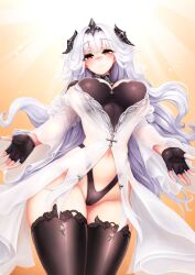 Rule 34 | 1girl, azur lane, barbariank, black gloves, black thighhighs, breasts, character request, commentary, cowboy shot, fingerless gloves, gloves, head tilt, highres, horns, large breasts, long hair, long sleeves, looking at viewer, marseillaise (azur lane), navel, outstretched arms, red eyes, solo, symbol-only commentary, thighhighs, very long hair, white hair, wide sleeves