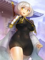 Rule 34 | 1girl, armor, bodysuit, breasts, clenched hand, cloud, covered navel, cowboy shot, crop top, curvy, day, epaulettes, female focus, hip focus, impossible clothes, japanese armor, kazo (kazozakazo), large breasts, long sleeves, looking at viewer, open clothes, open mouth, open vest, original, outdoors, short hair, shoulder armor, silver hair, skin tight, sky, sleeves past wrists, sode, solo, sword, thighs, unitard, vest, weapon, wide hips, wide sleeves, yellow eyes