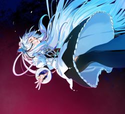 Rule 34 | 1girl, butterfly hair ornament, chaika trabant, dress, closed eyes, falling, feet out of frame, hair ornament, highres, hitsugi no chaika, kaede (shijie heping), long hair, long sleeves, parted lips, puffy sleeves, silver hair, solo, tears, thighhighs, two-tone background, very long hair