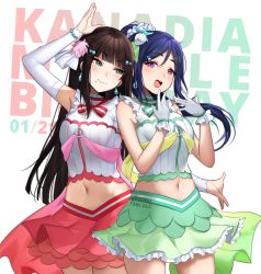 Rule 34 | 2girls, :d, arm up, armpits, blue hair, blunt bangs, bracelet, breasts, brown hair, commentary, cowboy shot, detached sleeves, drop earrings, earrings, english commentary, gloves, green eyes, green skirt, hair ornament, hair scrunchie, hairclip, hands up, highres, idol, jewelry, koi ni naritai aquarium, kurosawa dia, layered skirt, long hair, looking at another, looking at viewer, love live!, love live! sunshine!!, matsuura kanan, medium breasts, midriff, mole, mole under mouth, multiple girls, navel, open mouth, outstretched arm, pearl bracelet, pink skirt, ponytail, purple eyes, scrunchie, shirt, simple background, skirt, sleeveless, sleeveless shirt, smile, terupancake, twitter username, white background, white gloves, white scrunchie