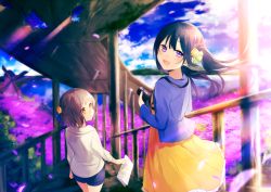 Rule 34 | 2girls, achiki, bad id, bad pixiv id, black hair, blurry, bridge, brown eyes, brown hair, camera, commentary request, depth of field, hair ornament, light rays, long hair, multiple girls, open mouth, original, purple eyes, short hair, shorts, side ponytail, smile, windmill