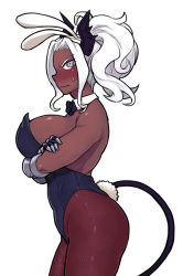 Rule 34 | 1girl, alternate costume, alternate skin color, animal ears, arms under breasts, bare shoulders, black horns, blush, bow, bowtie, breasts, commentary request, crossed arms, dark-skinned female, dark skin, demon girl, demon horns, demon tail, detached collar, fake animal ears, fishnet pantyhose, fishnets, from side, helltaker, horns, judgement (helltaker), large breasts, leotard, long hair, looking at viewer, pantyhose, playboy bunny, ponytail, profile, rabbit ears, rabbit tail, solo, tail, tsukudani (coke-buta), white background, white eyes, white hair