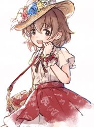 Rule 34 | 1girl, bag, blush, brown eyes, brown hair, brown hat, commentary, flower, frilled wristband, hageringo, hand up, hat, hat flower, idolmaster, idolmaster cinderella girls, kita hinako, looking at viewer, medium hair, open mouth, red ribbon, red skirt, ribbon, shirt, short sleeves, shoulder bag, sidelocks, skirt, smile, solo, symbol-only commentary, white background, white shirt