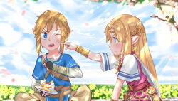Rule 34 | 1boy, 1girl, absurdres, blonde hair, blue eyes, bracelet, branch, cape, cheek poking, circlet, commentary, english commentary, fingerless gloves, flower, fork, gloves, highres, holding, holding fork, holding plate, in-franchise crossover, indian style, jewelry, link, maqinpu, nintendo, one eye closed, open mouth, plate, pointy ears, poking, princess zelda, sitting, the legend of zelda, the legend of zelda: a link between worlds, the legend of zelda: breath of the wild, white cape